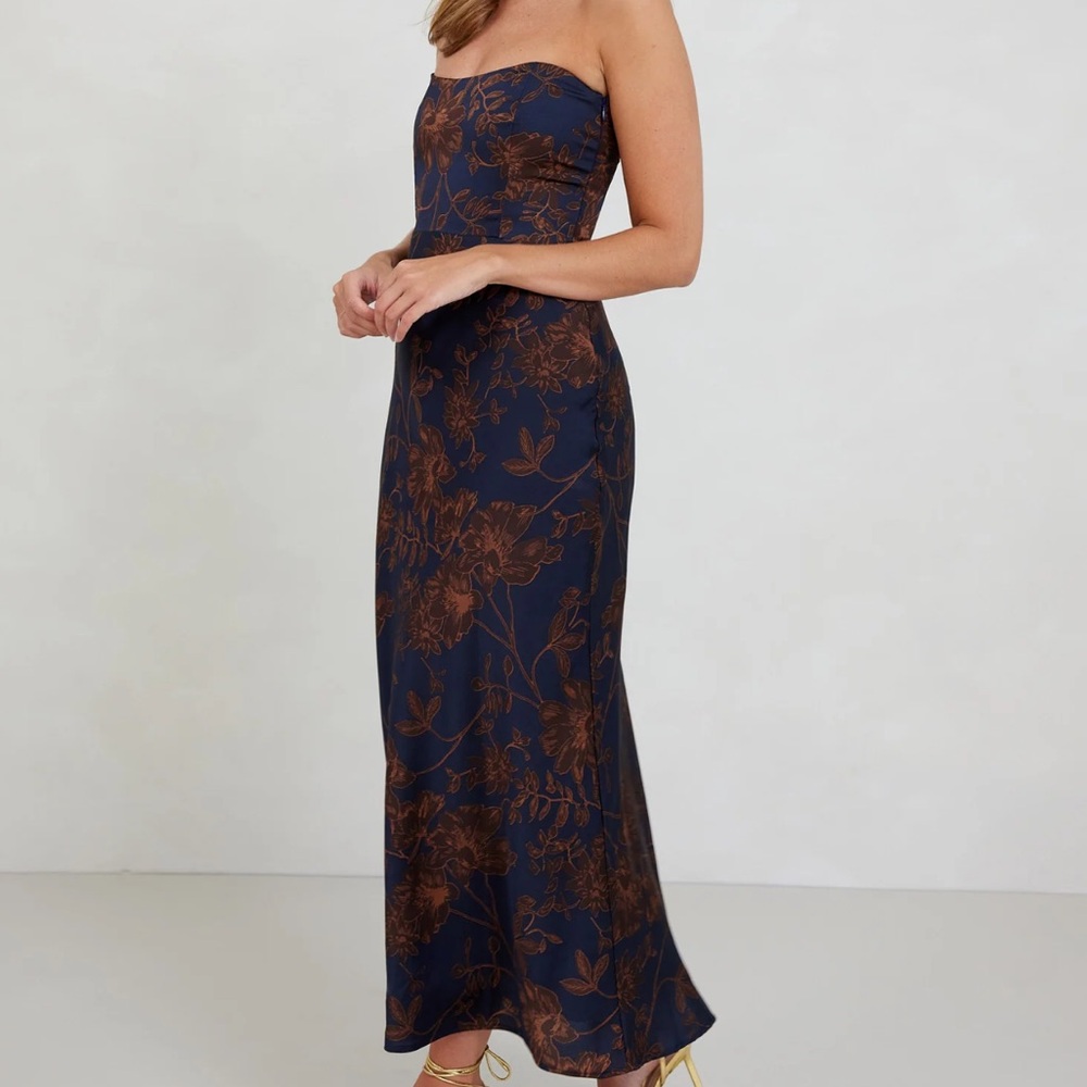 Park & Fifth Strapless Floral Dress in Navy with Brown/Copper Florals WORN ONCE